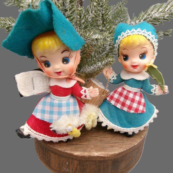 Mary and Her Lamb, Jill and Her Pail Flocked Ornaments, Vintage Christmas - Picture 2 of 8